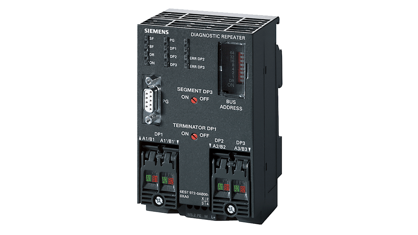 Ripetitore PROFIBUS DP Siemens 6ES7972-0AB01-0XA0, montaggio su guida DIN, 24 V c.c., dimensioni 125 x 80 x 67,5 mm.