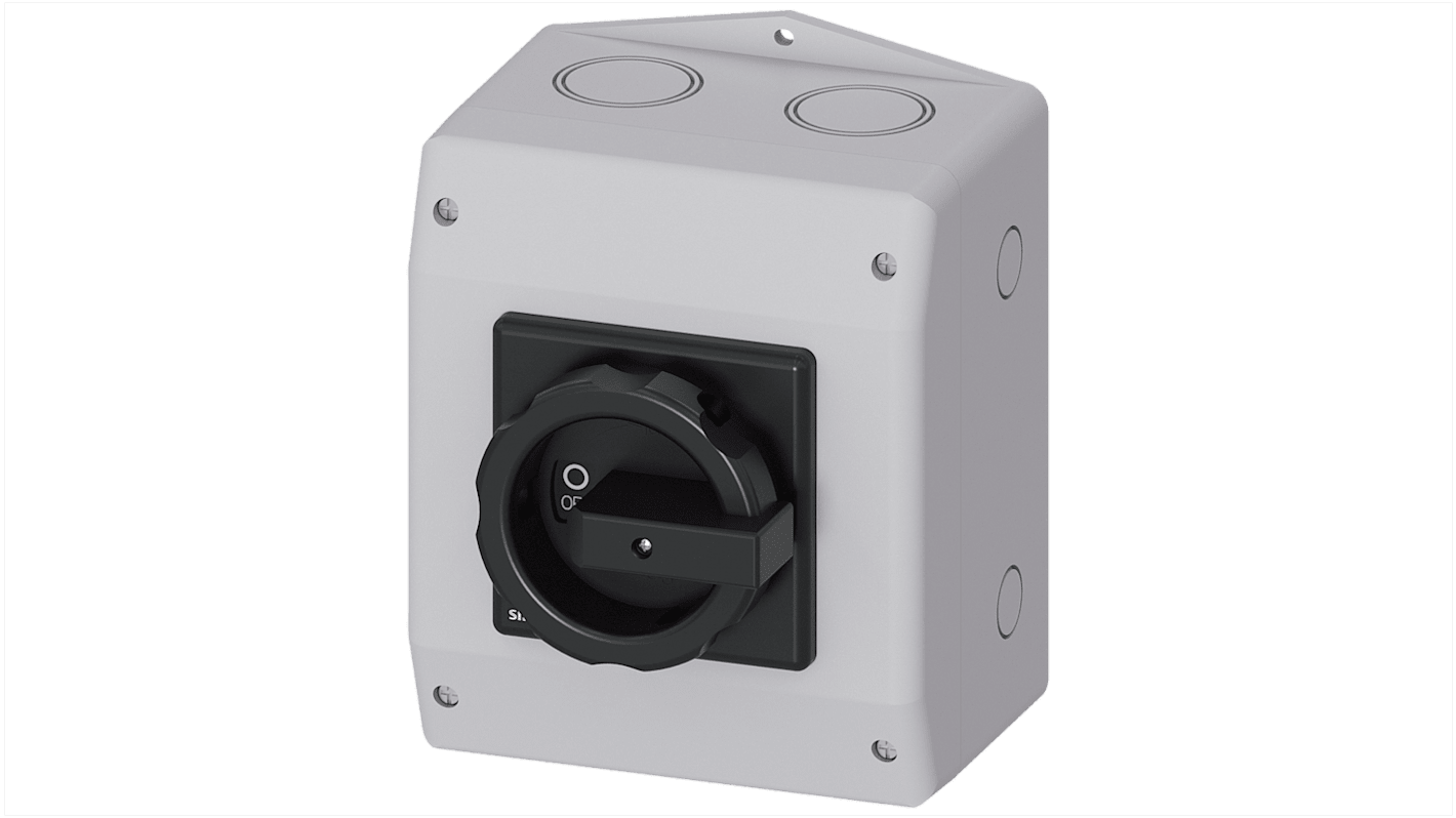 Sezionatore interruttore Siemens 3LD2165-4VD51, 6 poli, 25 A, IP65, temperatura -25 °C a 55 °C, fusibile RK5 integrato.