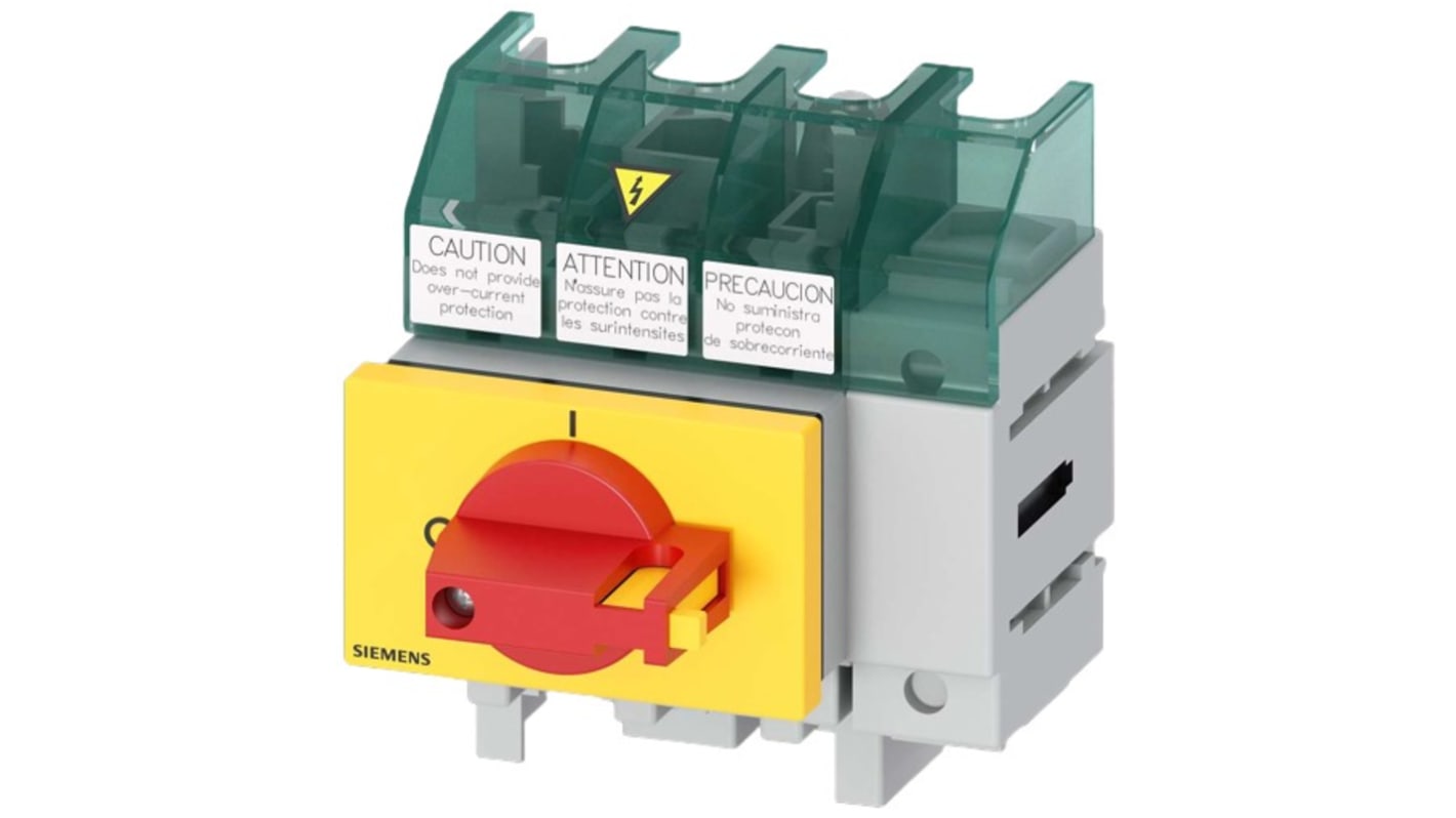 Sezionatore interruttore Siemens 3LD5000-0TL13, 4 poli, corrente 32A, fusibile integrato, IP65, temperatura -25 a 55°C.