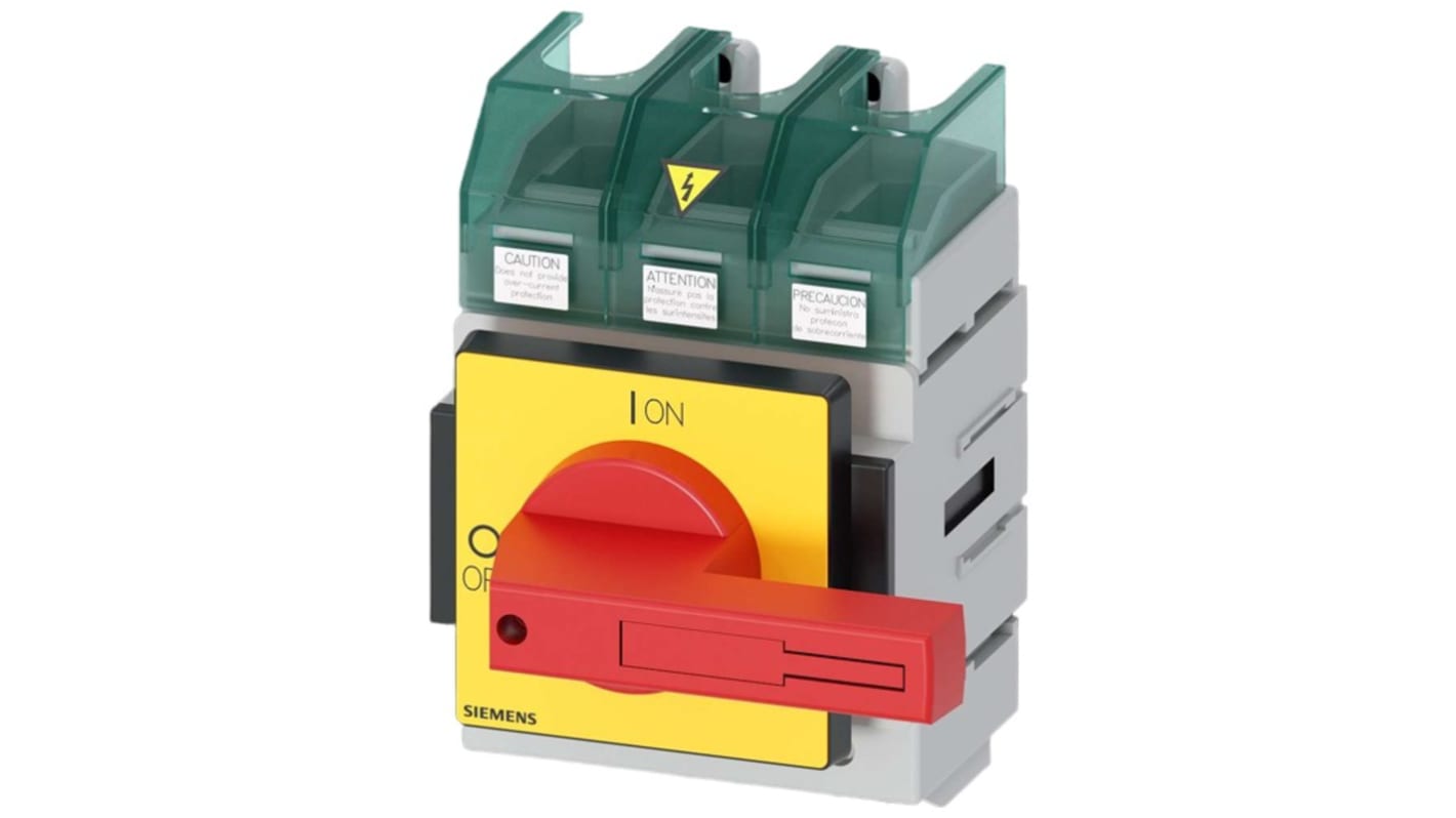 Sezionatore interruttore Siemens 3LD5400-0TK13, 3 poli, 100A, fusibile Classe J, IP65, per attivazione sicura apparecchiature elettriche.