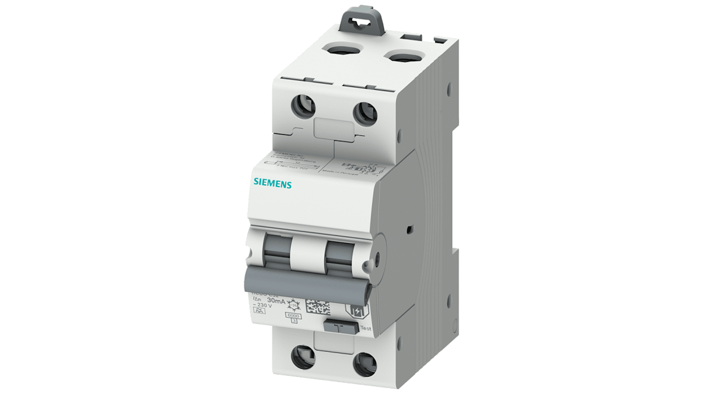 Interruttore differenziale Siemens 5SU1326-6FP06, 2 poli, 6A, 30mA, 230V, classe di protezione IP20, tipo A.