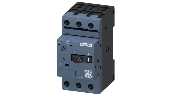 Interruttore automatico del motore Siemens 3RV1011-1EA10, 3 poli, 2,8-4 A, montaggio su guida DIN, dimensioni 90 x 45 x 75 mm.