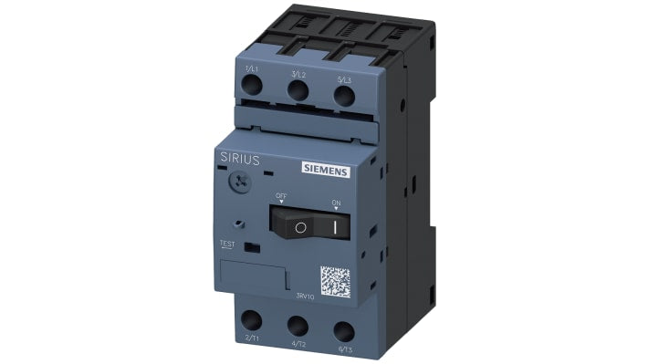 Interruttore automatico del motore Siemens 3RV1011-1GA10, 3 poli, corrente 4,5-6,3 A, montaggio su guida DIN, dimensioni 90x45x81 mm.