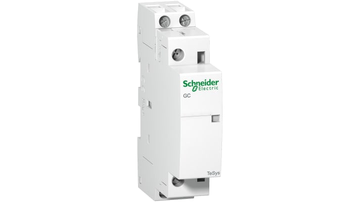Contattore Schneider Electric GC1620B5, 2 poli, 16 A, 24 V c.a., montaggio clip-on, dimensioni 17.5 x 81 x 62.55 mm.