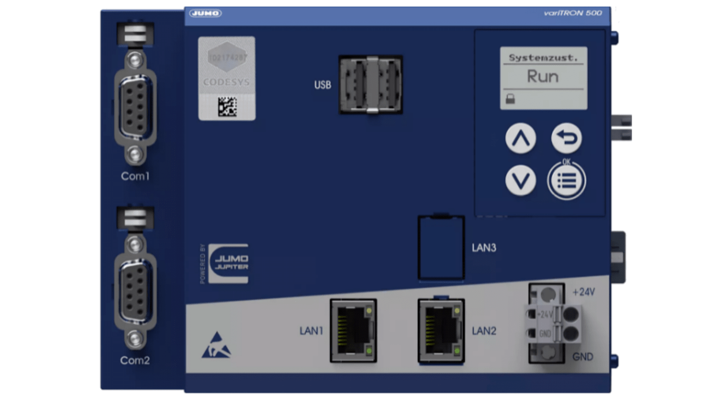 Computer industriale Jumo variTRON 500, CPU 800 MHz, IP20, 24 V, 135 x 101 x 101,5 mm, interfacce OPC UA e MQTT. Codice: 7050022210-90000000-36/224,281.