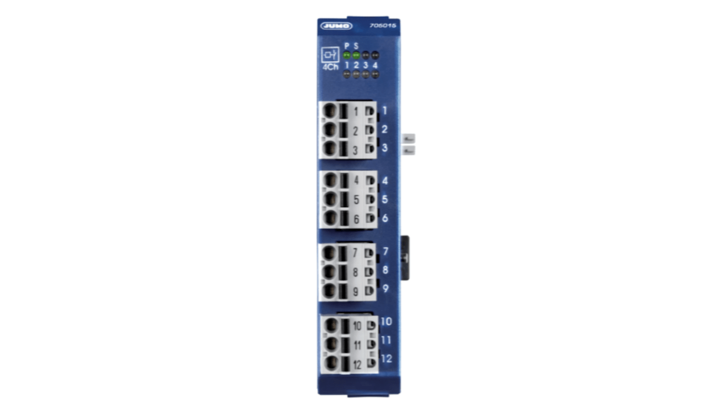 Modulo relè Jumo 705015/36/000 per variTRON, quattro uscite 230 V / 3 A, configurazione plug & play, dimensioni 0,88 x 4,07 x 3,99 poll.