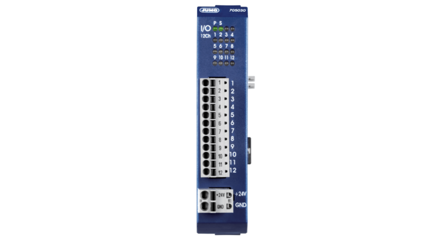Modulo I/O digitale Jumo 705030/36/000 per variTRON, con 12 canali configurabili, touchscreen multifunzione, dimensioni 0,88 x 4,07 x 3,99 poll.
