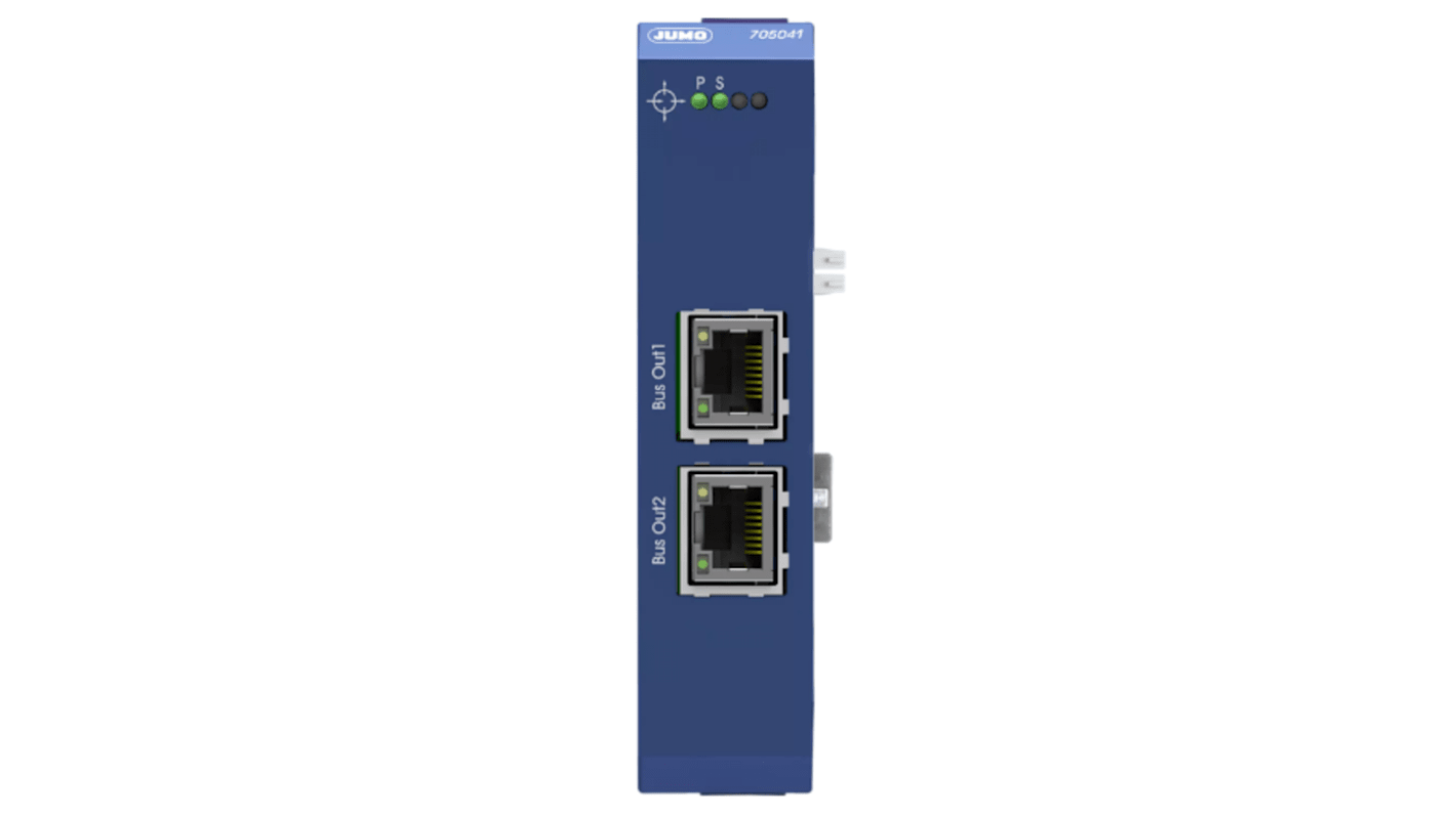 Modulo WLAN Jumo 705041/36/000 per sistema variTRON, con 2 porte RJ45, montaggio su guida DIN, dimensioni 0,88 x 4,07 x 3,99 pollici.