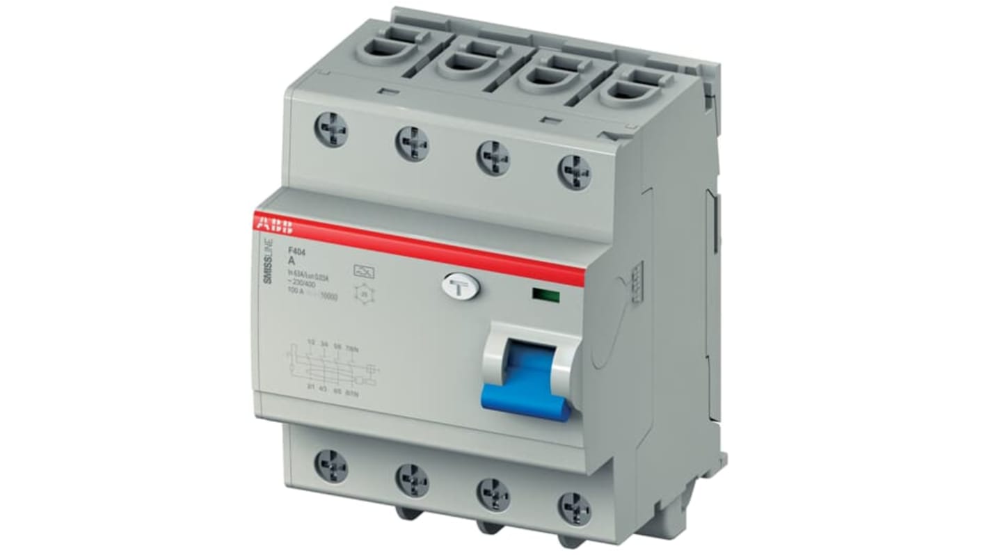 Interruttore differenziale ABB 4 poli Tipo A, 63 A, 100 mA, per tensione 230-400 V CA, grado di protezione IP20.
