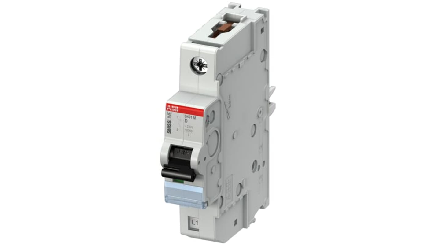 Interruttore magnetotermico ABB 1P 40A Tipo D, montaggio su guida DIN, grado di protezione IP20, per applicazioni industriali.