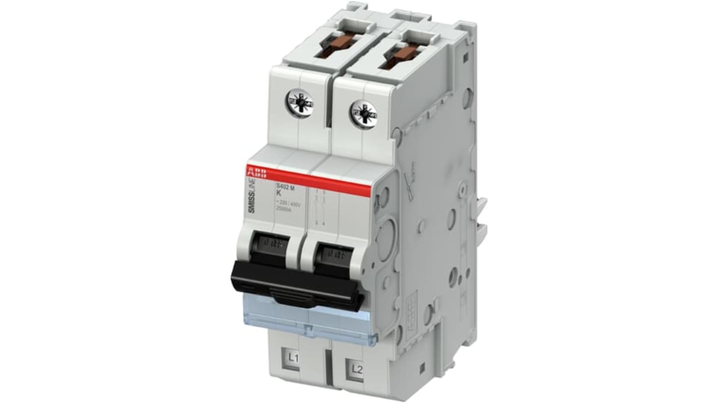 Interruttore magnetotermico ABB 2P 40A, Tipo K, montaggio su guida DIN, grado di protezione IP20, per uso industriale.