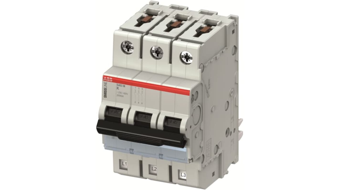 Interruttore magnetotermico ABB 3P Tipo K, 4 A, 415 V, montaggio su guida DIN, grado di protezione IP20.