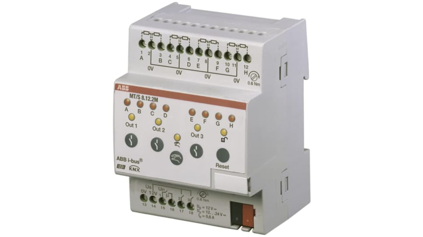 Modulo di sicurezza ABB 2CDG110110R0011 per sistema bus KNX, otto ingressi, montaggio su guida DIN, dimensioni 90 x 72 x 64 mm.