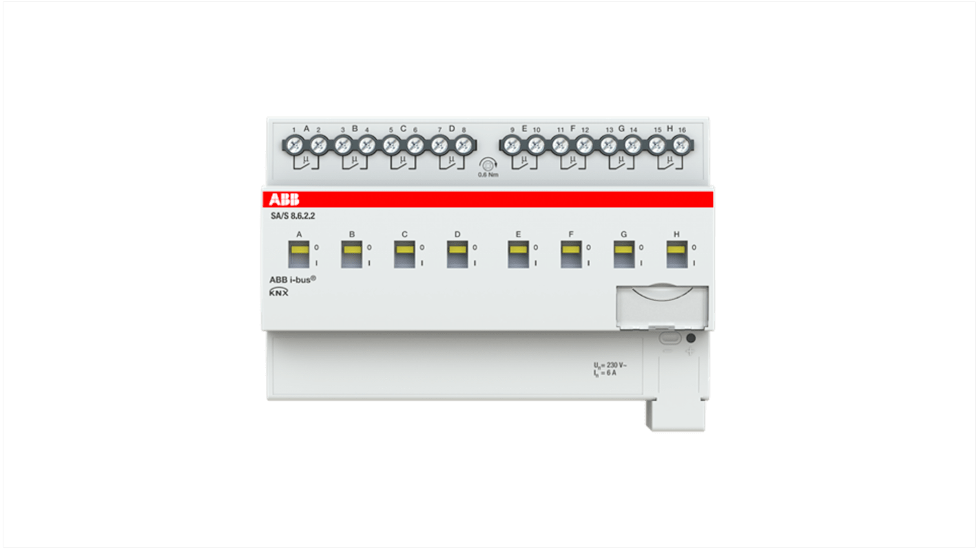 Modulo I/O ABB 2CDG110255R0011 per sistema bus KNX, attuatore per 8 carichi, montaggio su guida DIN, dimensioni 3,54 x 5,51 x 63,5 cm.