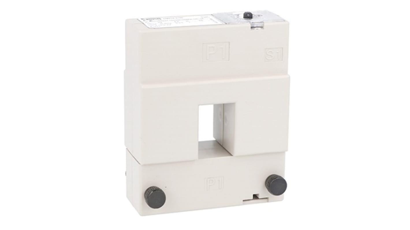 Trasformatore di corrente Lovato DM0TA0150, rapporto 150:5, uscita 5 A, fissaggio a vite, dimensioni foro 32 x 21 mm.