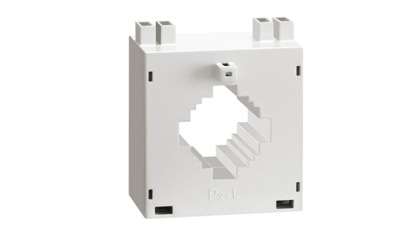 Trasformatore di corrente Lovato DM3T0400, rapporto 400:5, uscita 5 A, montaggio su guida DIN, dimensioni foro 25x25 mm.