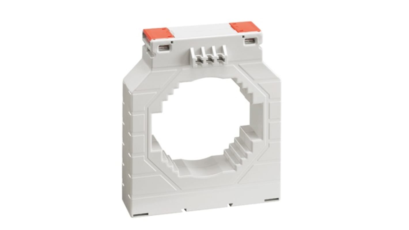 Trasformatore di corrente Lovato DM4T1250, rapporto 1250:5A, dimensioni foro 70x60 mm, montaggio su guida DIN, grado di protezione IP30.