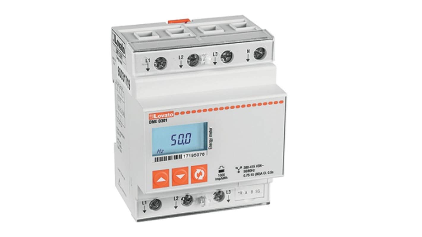 Contatore di energia trifase Lovato DMED301, montaggio su guida DIN, display LCD, 80 A, 230 V, dimensioni 71,6 x 90 mm.