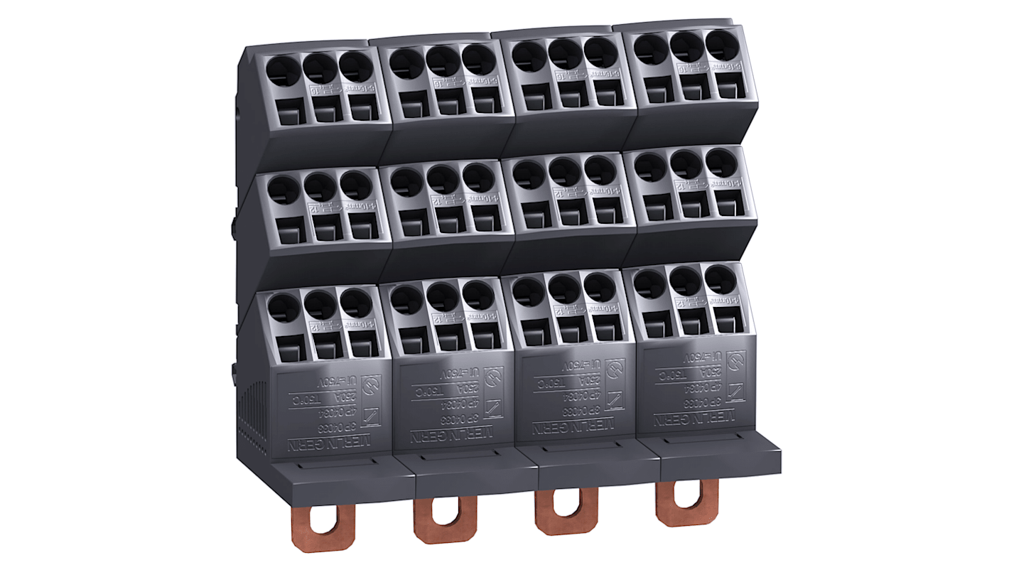Sezionatore interruttore Schneider Electric 04034, quattro poli, tensione 690 V, montaggio su guida DIN, dimensioni 140x140x64 mm.
