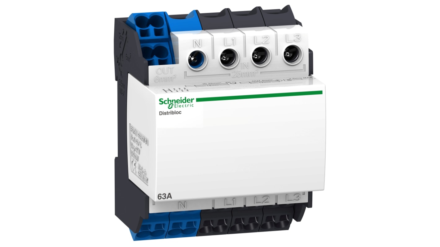 Sezionatore a 4 poli Schneider Electric 04040, corrente 64 A, montaggio su guida DIN, 4 moduli da 18 mm.