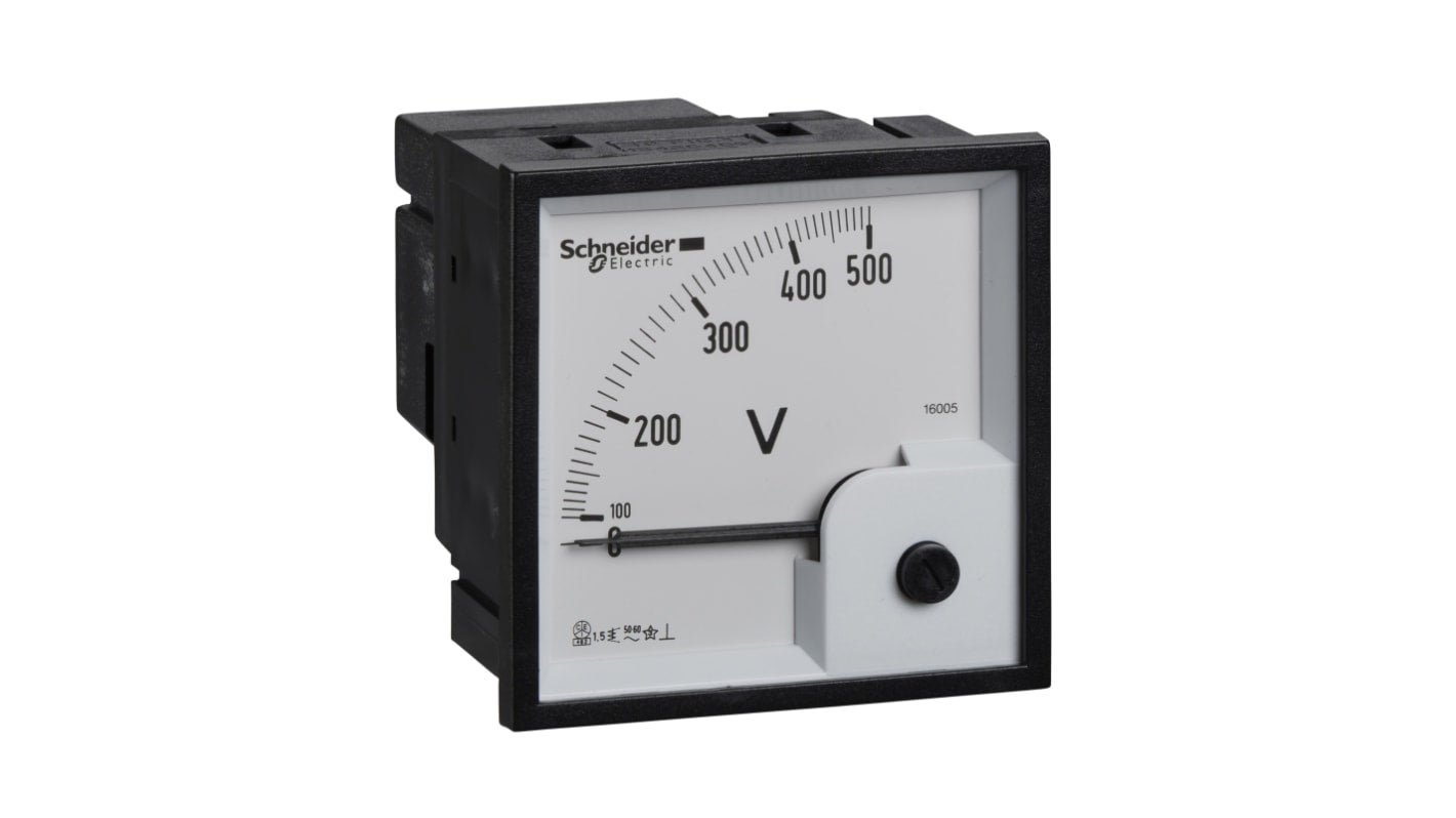 Voltmetro analogico c.a. PowerLogic Schneider Electric 16005 con scala 0-500V, tecnologia ferromagnetica e protezione IP52. Ideale per ambienti industriali da -25 a 50 °C.