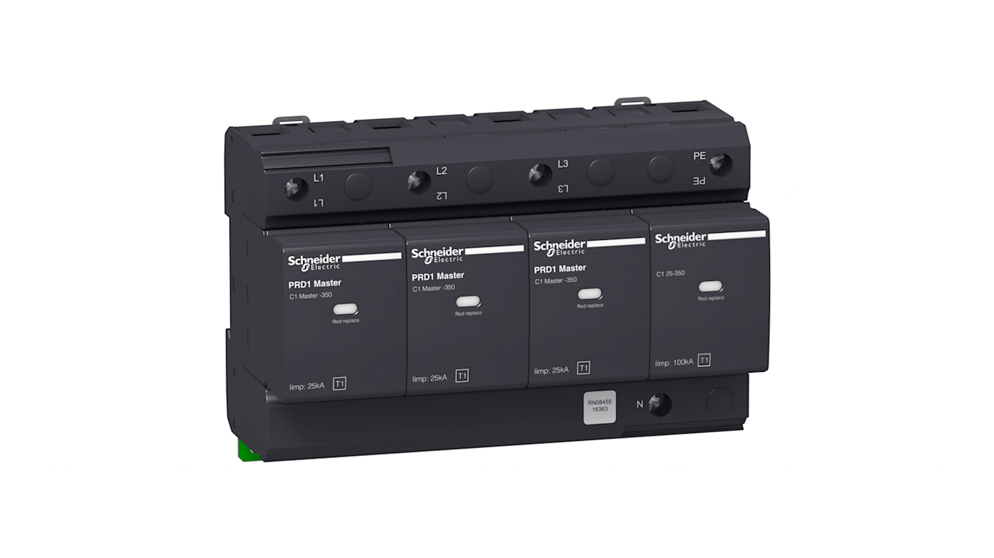 Dispositivo di arresto sovratensioni Schneider Electric 16363 Acti 9, 3P+N, 230/400 V c.a. Montaggio su guida DIN, grigio antracite, materiale PBT.