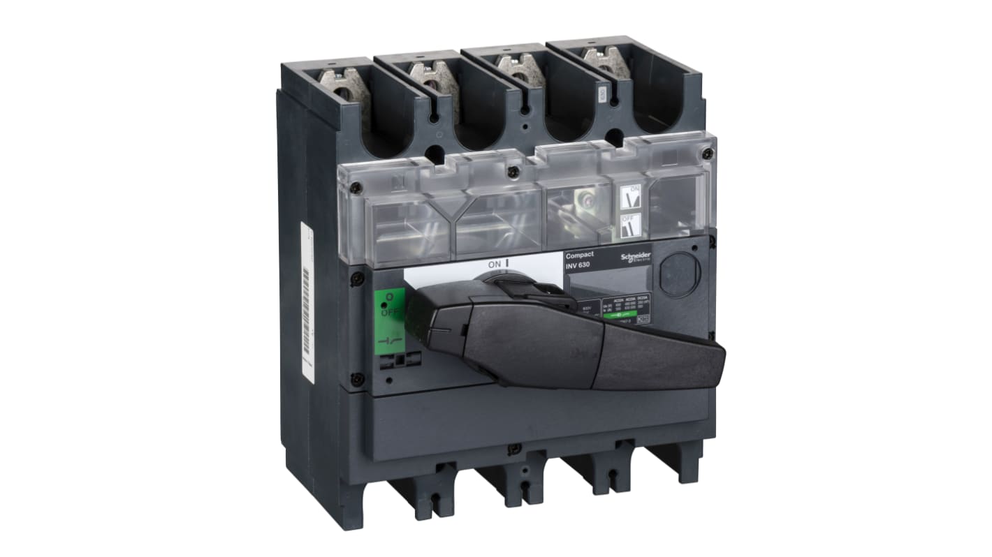 Interruttore di isolamento Schneider Electric 31175, 4 poli, 630 A, design compatto con impugnatura nera e indicatore di posizione.