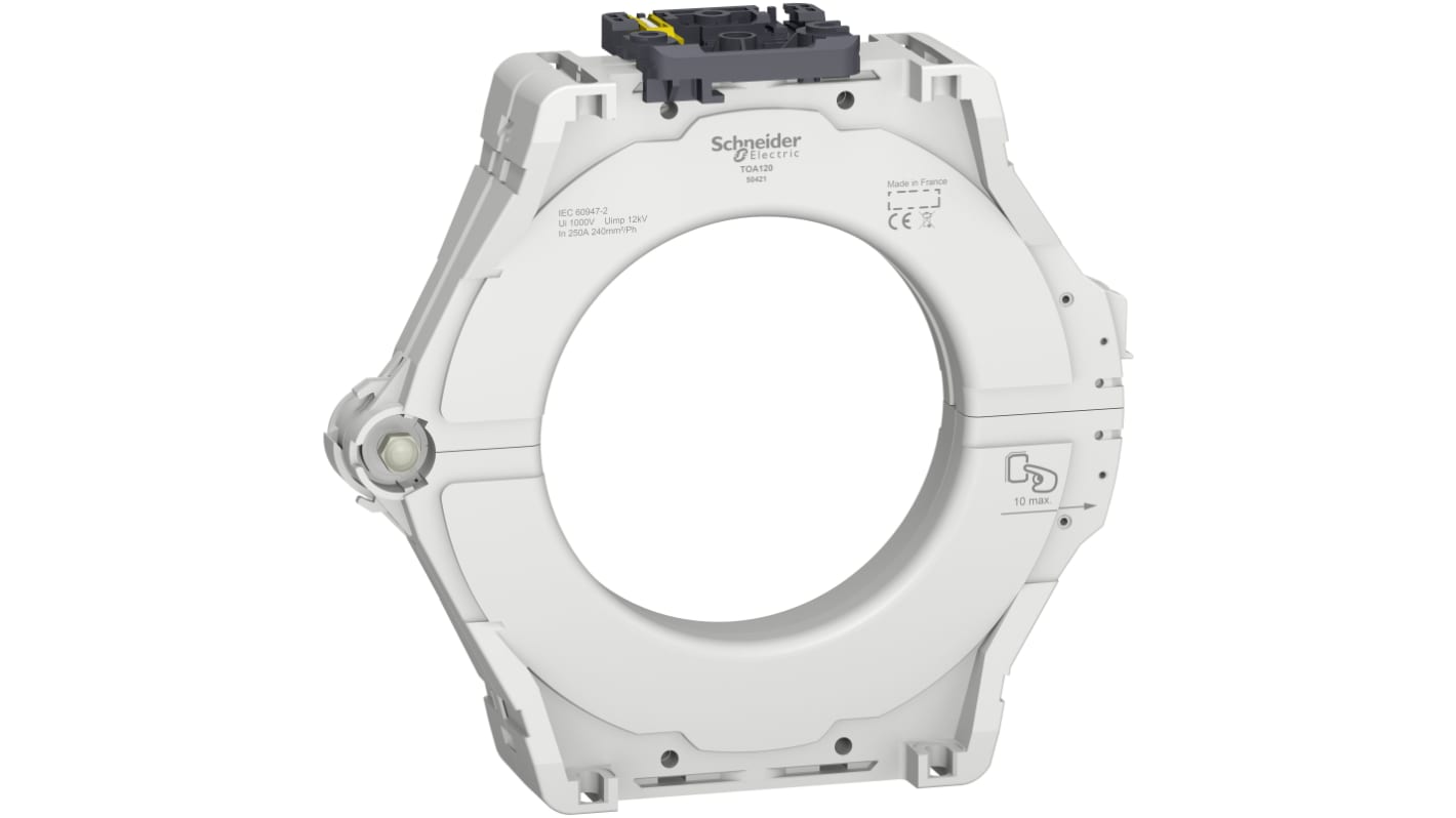 Trasformatore di corrente Schneider Electric 50421, tipo toroidale, 250 A, montaggio fisso, dimensioni 224x224 mm.
