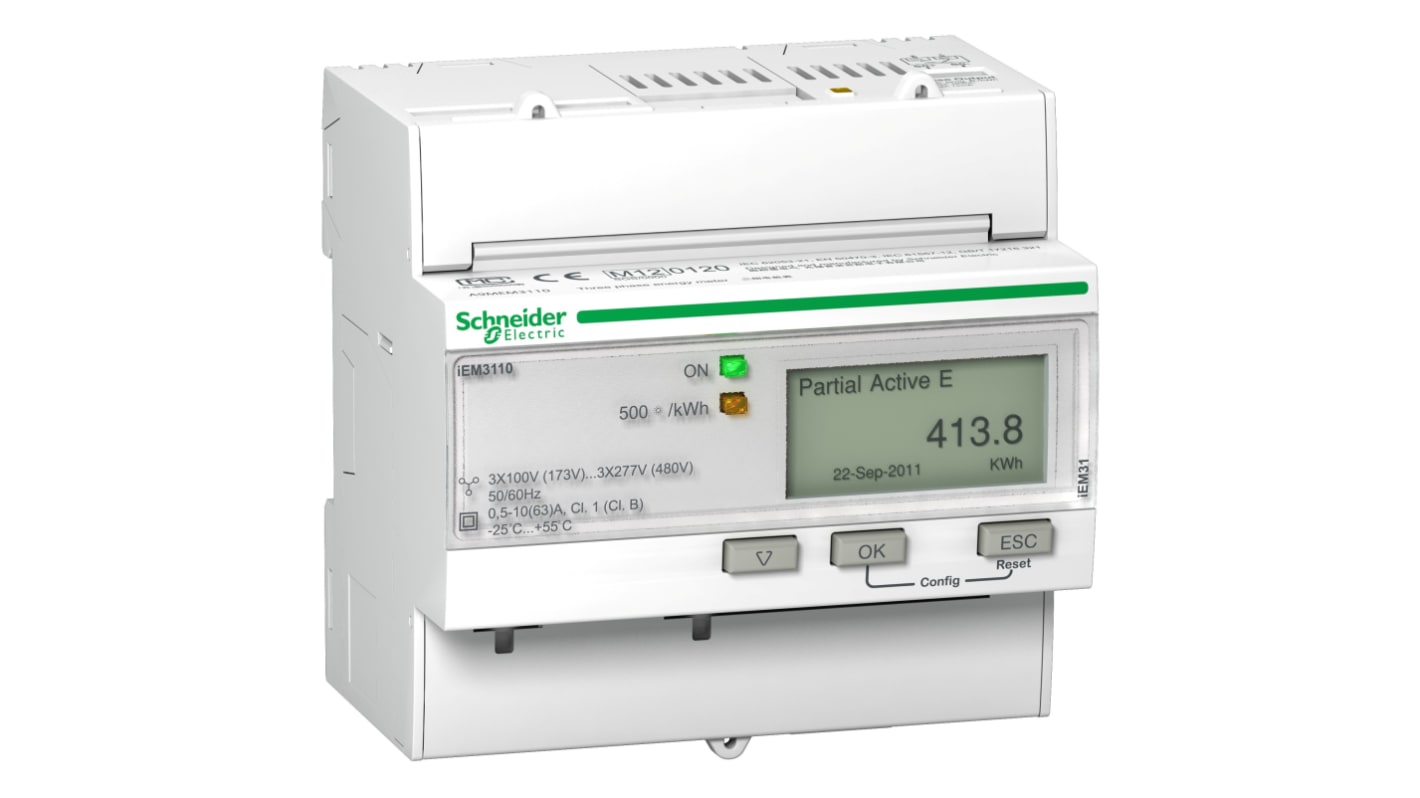Contatore di energia Schneider Electric A9MEM3110, montaggio su guida DIN, misurazione 1-3 fasi, display LCD, IP40.