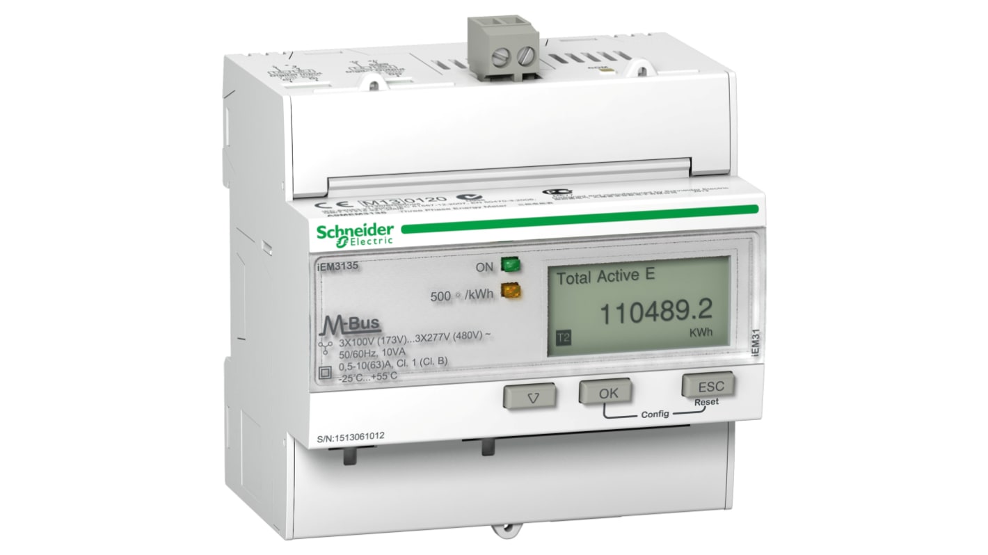 Contatore di energia Schneider Electric A9MEM3135, montaggio su guida DIN, misurazione multi-tariffa, display LCD, IP40.