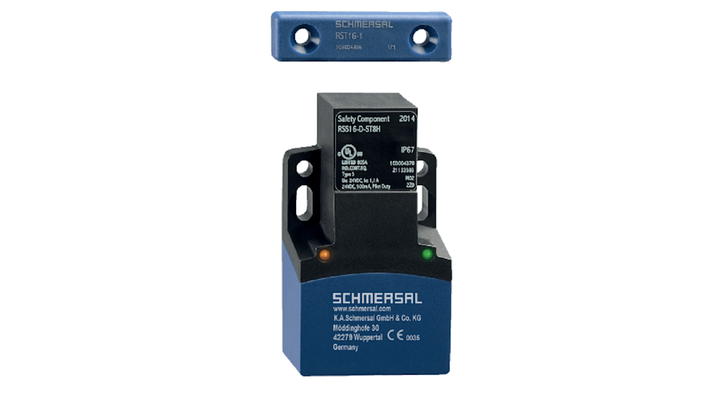 Interruttore di sicurezza Schmersal RSS16-D-SK-DU, senza contatto, 24V cc, IP67, dimensioni 37mm x 15mm, attuatore magnetico.