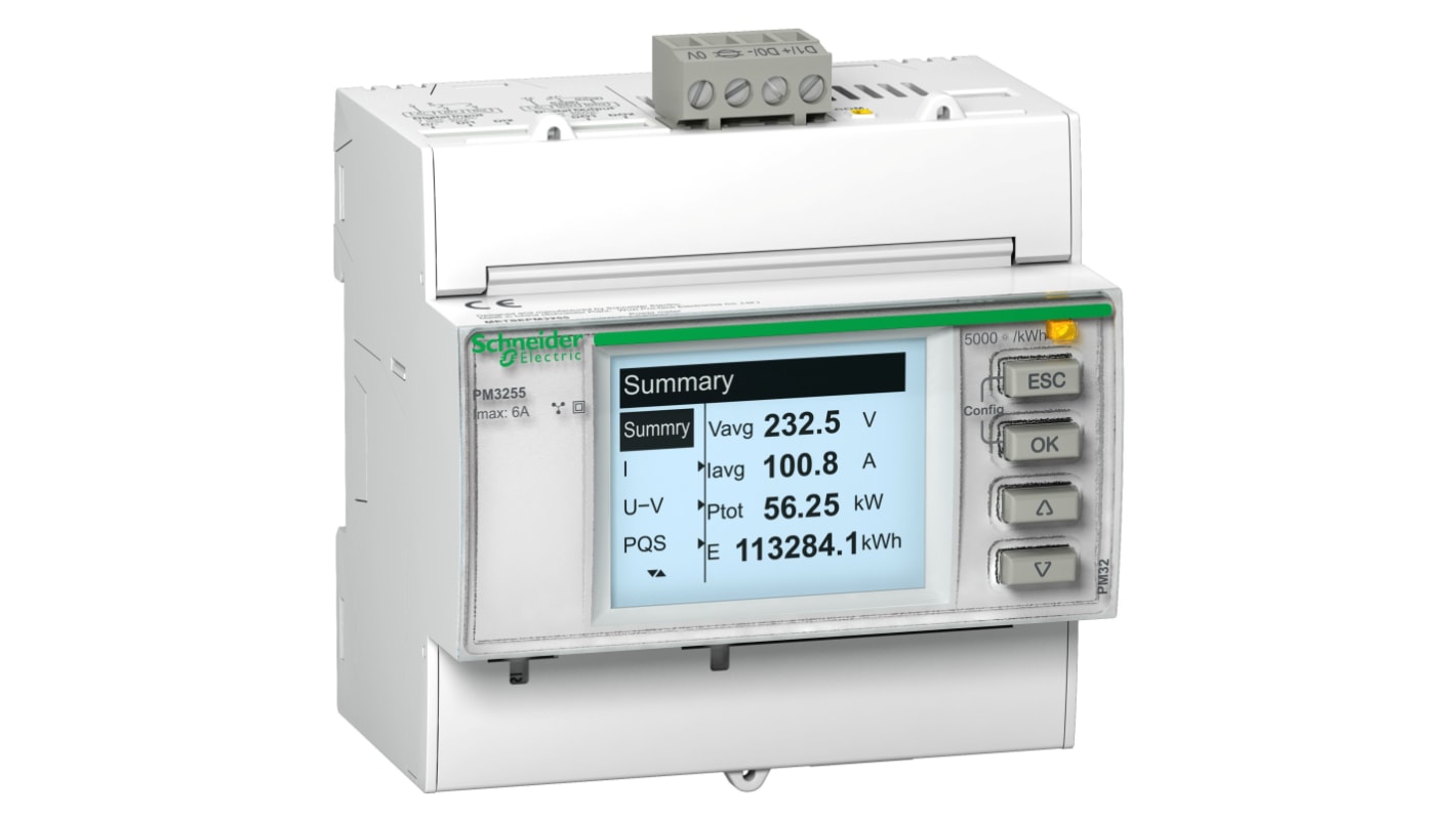 Contatore di energia Schneider Electric METSEPM3250 con display LCD retroilluminato per monitoraggio preciso di tensione, corrente e potenza. Ideale per multi-tariffa e sub-fatturazione.