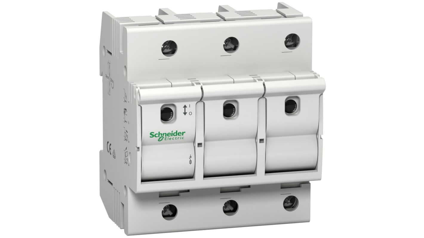 Sezionatore interruttore Acti 9 di Schneider Electric, 3 poli, 63 A, 400 V c.a., fusibile 15 x 36 mm, grado di protezione IP20.