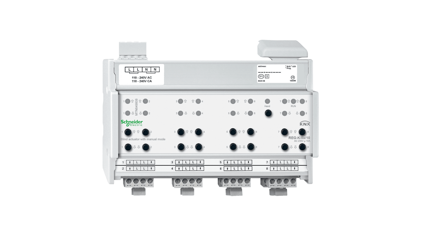 Modulo di comunicazione Schneider Electric MTN649808, attuatore cieco 8 uscite, compatibile con KNX, grado di protezione IP20.