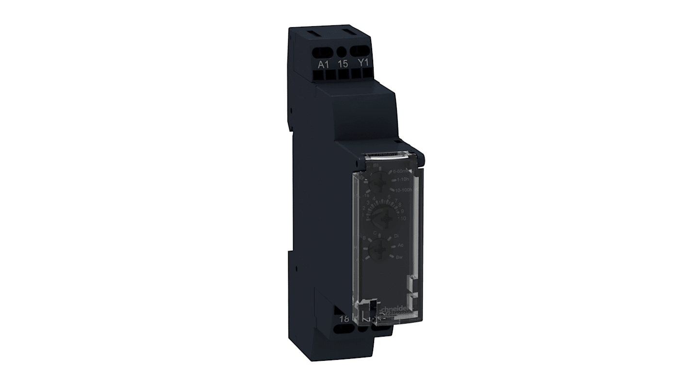 Timer relay multifunzione Schneider Electric RE17RMMW, SPDT, montaggio su guida DIN, tensione 12-240 V, intervallo 0.05 Secs a 300 Hrs.