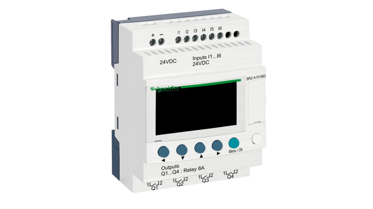 Relè intelligente Schneider Electric Zelio Logic SR2A101BD: 10 I/O, 24 V CC, IP20 - Ideale per automazione industriale.