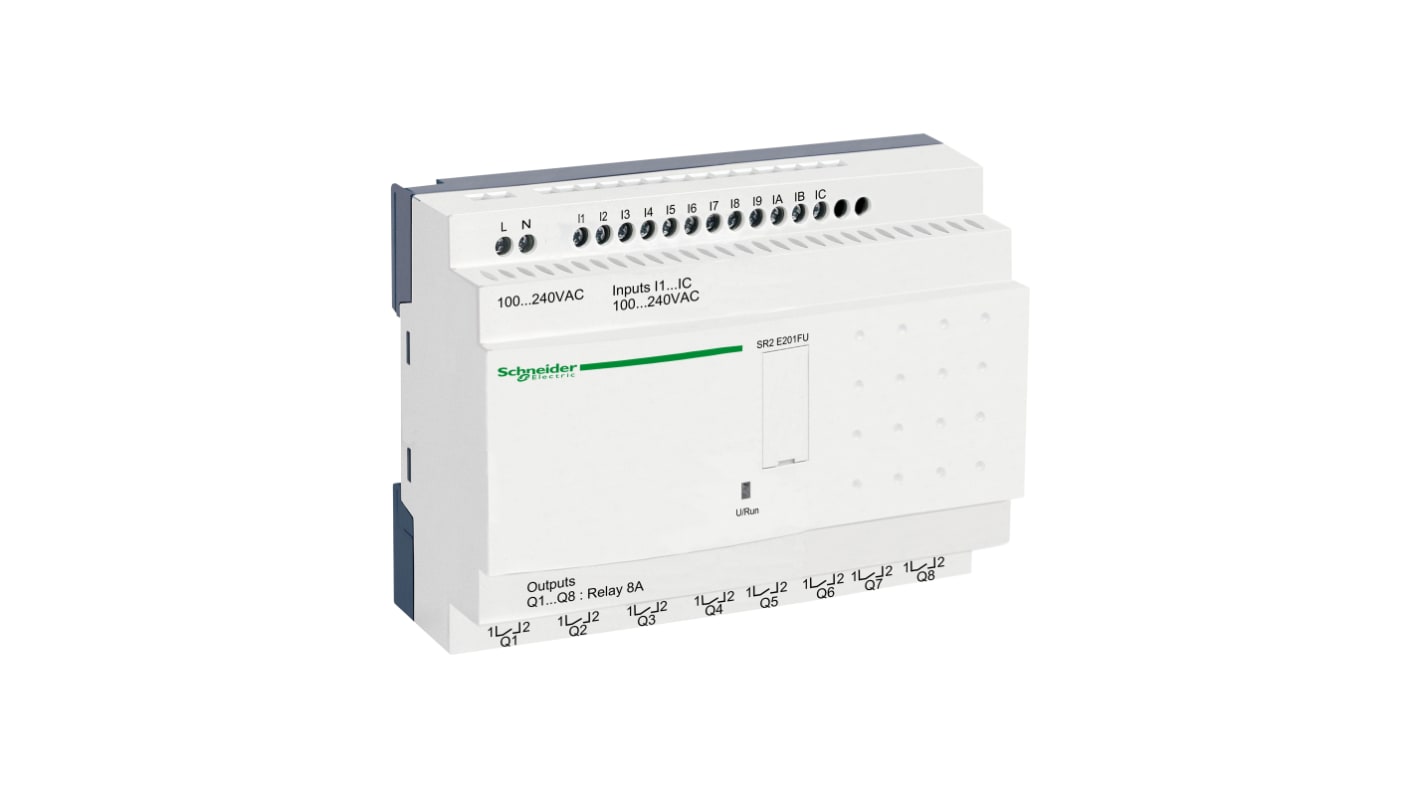 Modulo logico Schneider Electric SR2E201FU per automazione, 12 ingressi, 8 uscite relè, IP20, alimentazione 100-240 V AC.