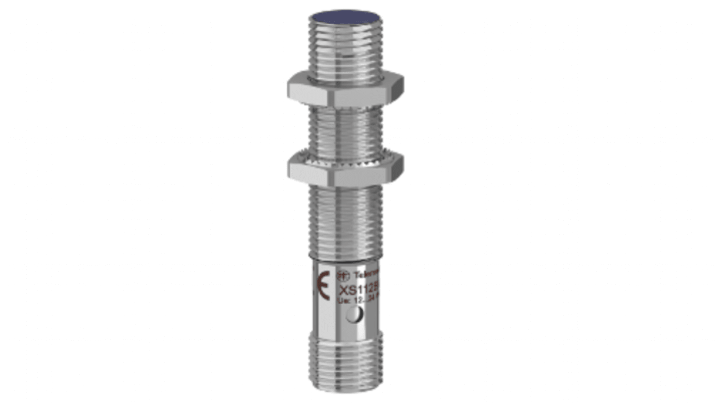 Sensore di prossimità induttivo cilindrico Telemecanique Sensors XS112BHNAM12, uscita NPN, rilevamento 4 mm, montaggio a filo, grado di protezione IP67.