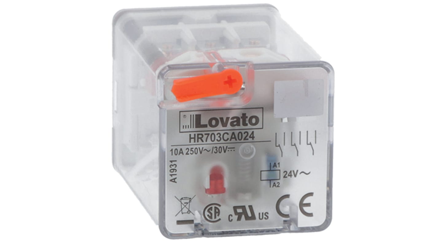 Relè monostabile Lovato HR703CD110, 3PDT, 110V cc, montaggio su guida DIN, corrente nominale 10 A, indicatore LED.
