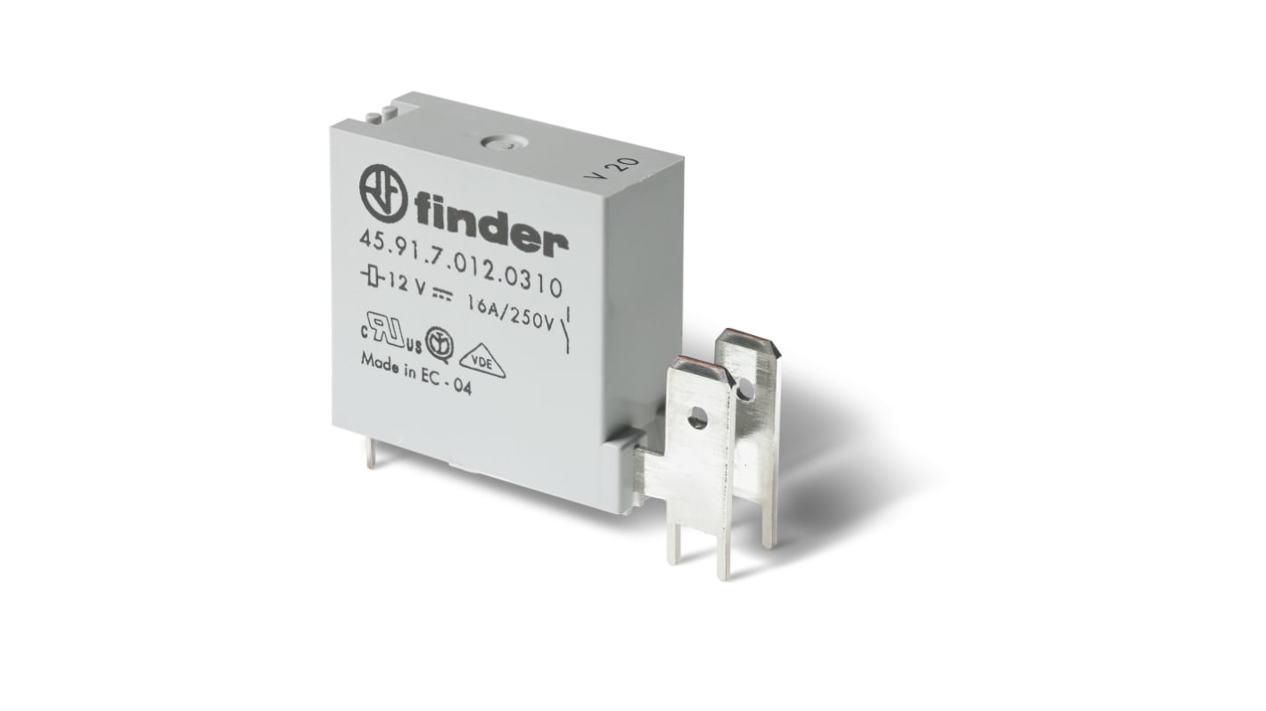 Relè Finder 459170120310, SPST 12V cc, montaggio su PCB, corrente 16A, contatti in AgCdO, dispositivo a prova di flussante.