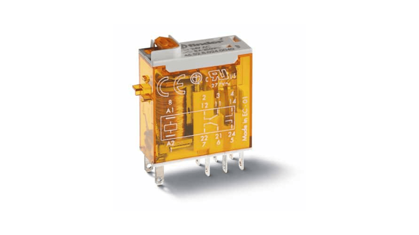 Relè monostabile Finder 24V cc, montaggio a innesto, 2 contatti CO, corrente 8A, con LED e pulsante di prova bloccabile.