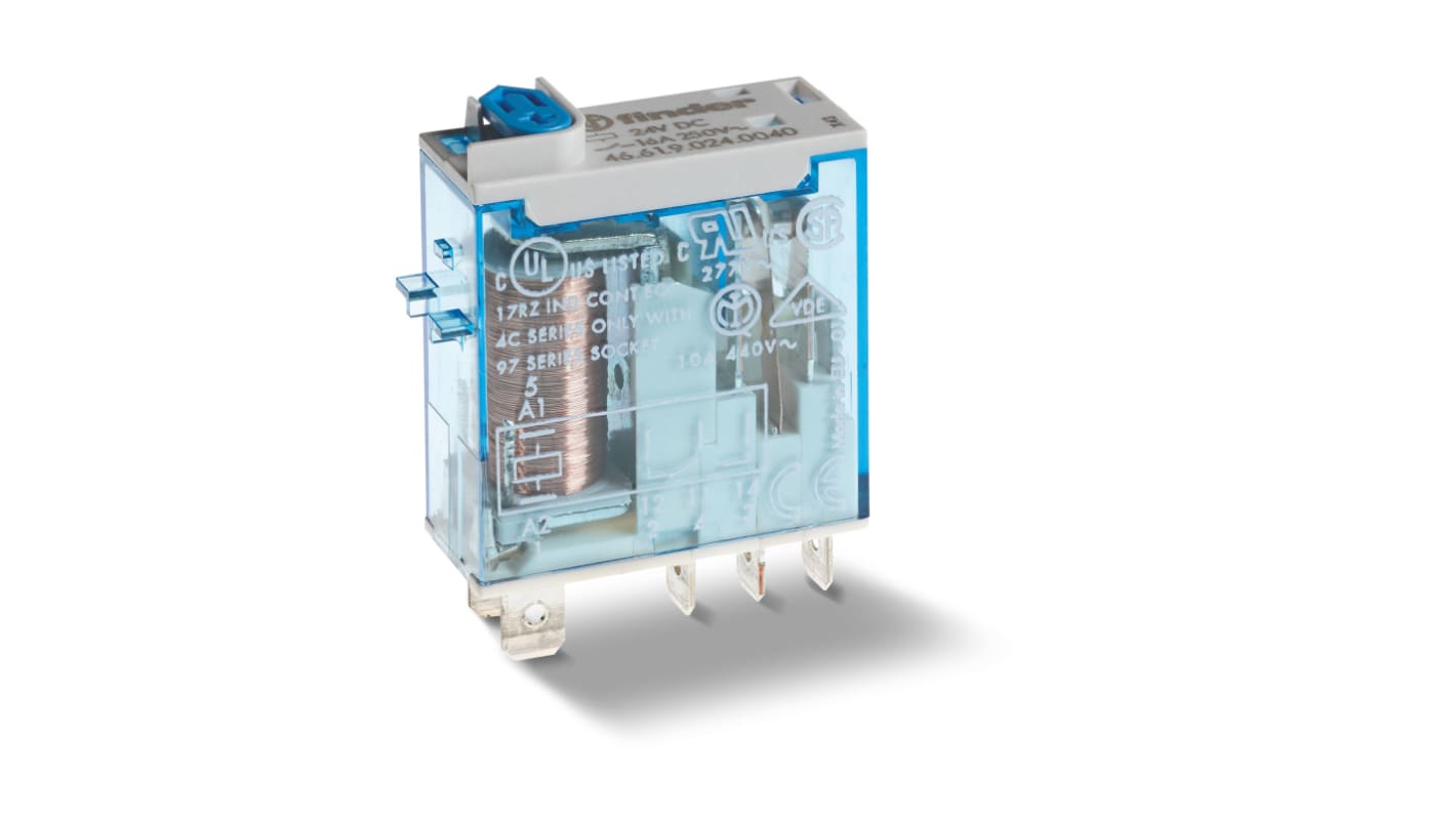 Finder 466180120040, relè monostabile SPDT 12V ca, montaggio a innesto, corrente 16A, contatti in AgNi, dimensioni compatte.