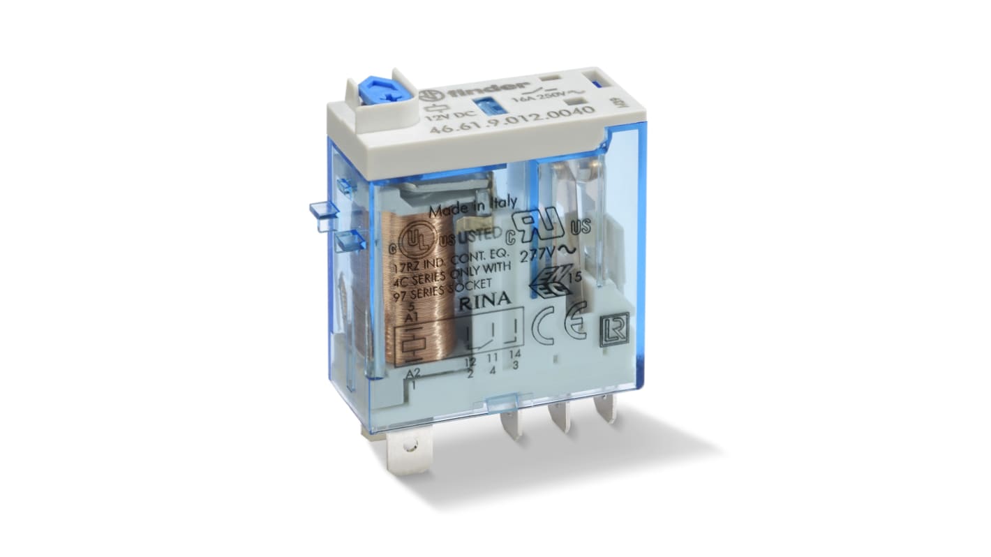 Modulo relè di potenza Finder 466181204000T, SPDT, 120V c.a., 16A, montaggio A innesto, contatto 1CO, senza cadmio.