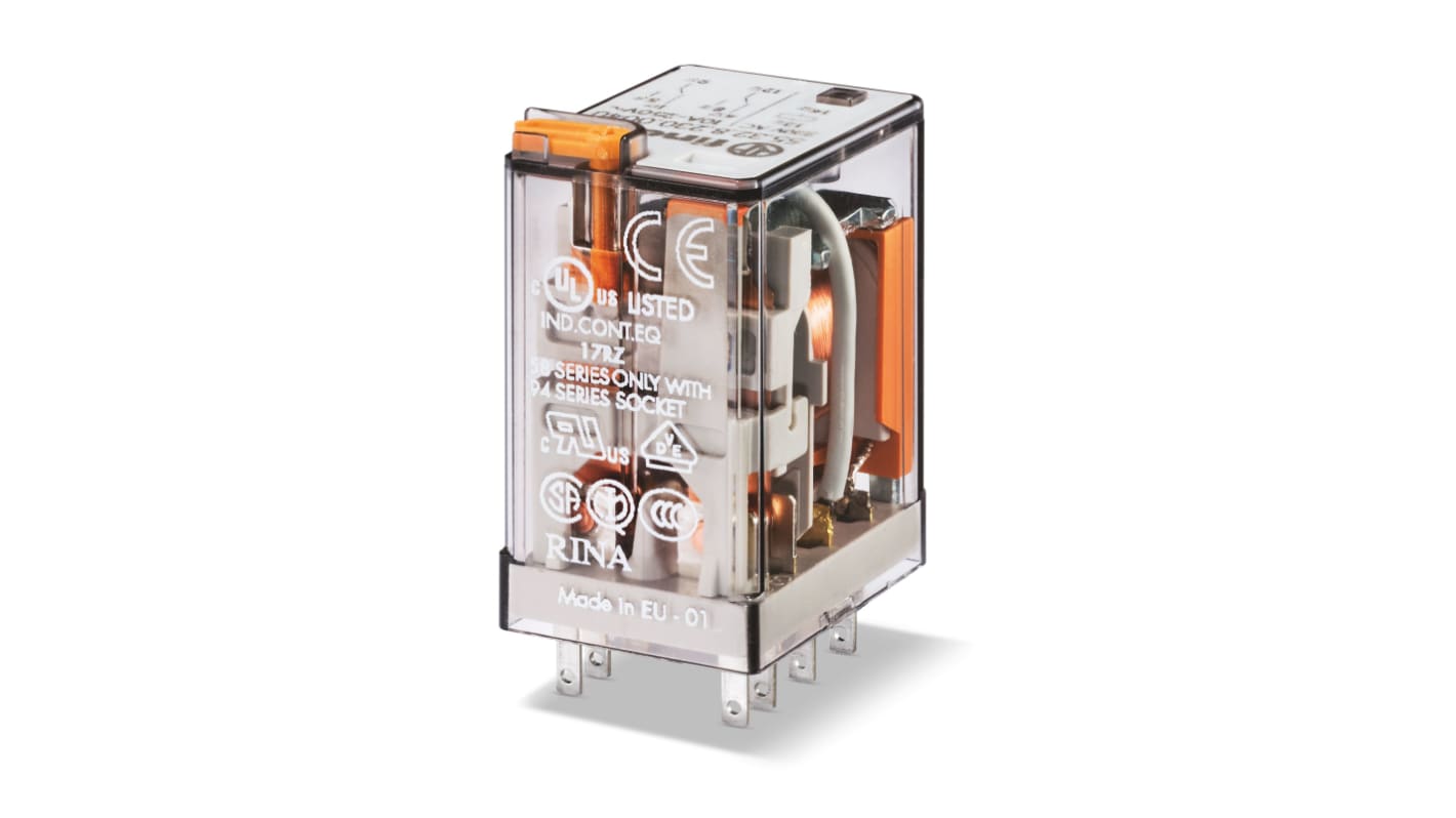 Finder 553290242094, relè a innesto 24V cc, 2 poli, corrente 10A, tensione 250V c.a., con LED e pulsante di prova.