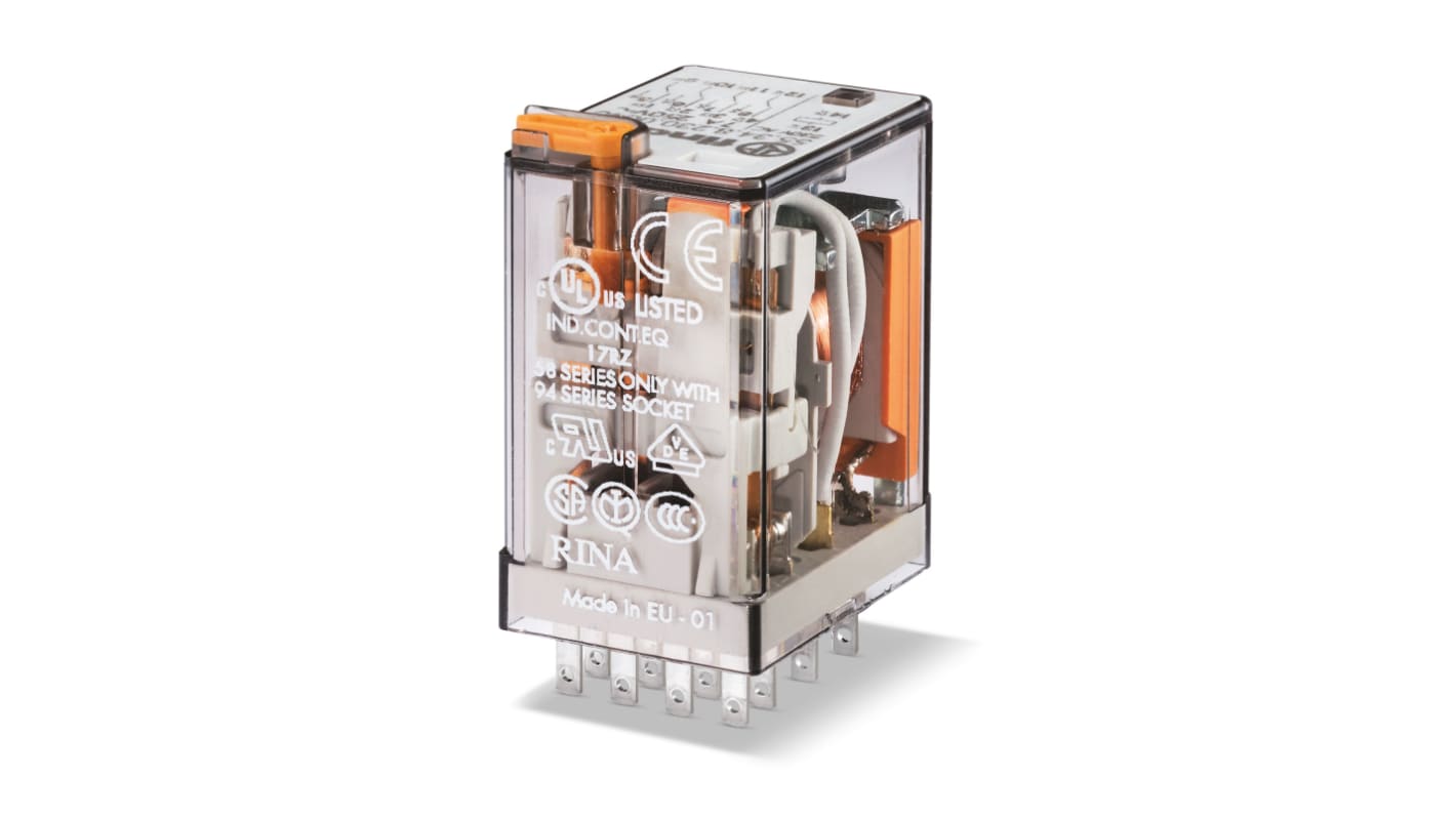 Relè Finder 553491400040, 4 poli (CO), tensione 140V cc, montaggio su connettore femmina, adatto per automazione e distribuzione elettrica.