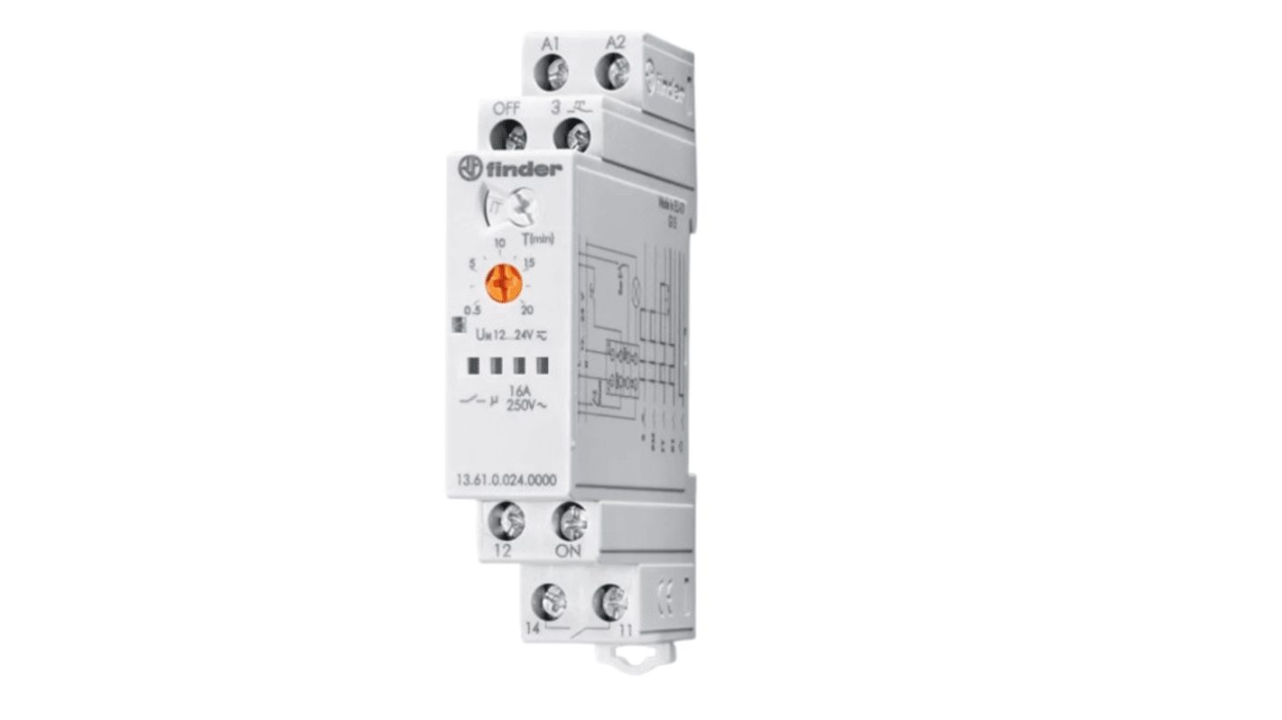 Finder 136100240000, relè monostabile SPDT per guida DIN, bobina 12-24V, corrente 16A, larghezza 35 mm.