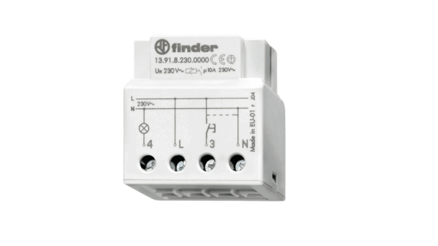 Finder 139182300000, relè SPST 230V ca, 10A, per montaggio in scatole di commutazione, contatto 1 NO, funzionamento silenzioso.