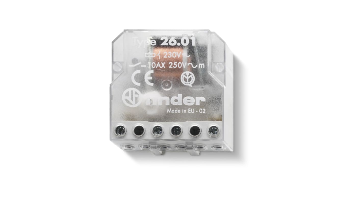 Relè Finder 260180120000 SPST, montaggio a pannello, bobina 12V CA, contatto 1 NO, corrente 10A, terminale a vite.