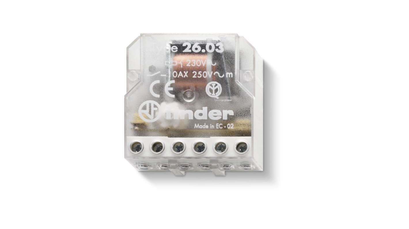 Relè Finder 260382300000 SPST per montaggio a pannello, bobina 230V, 1 NO + 1 NC, corrente 10A, per controllo illuminazione.