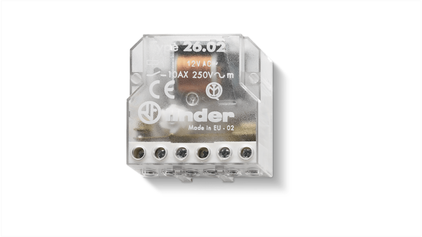 Relè Finder DPST-2NO, montaggio a pannello, bobina 230V, corrente di commutazione 10A, per controllo illuminazione.